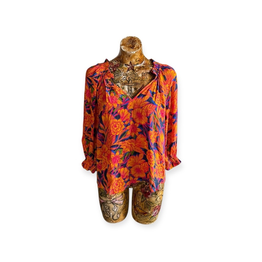 Gilner Farrar top blouse floral v neck ruffle sleeve XS